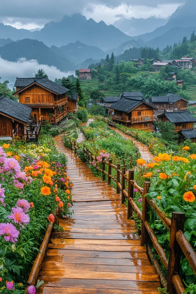 A picturesque village nestled in a mountain valley, with traditional wooden houses lining a pathway bordered by vibrant flowers.  A wooden walkway, glistening from recent rain, leads through the colorful blooms towards the houses and misty mountains in the background. The scene is tranquil and serene, showcasing a harmonious blend of nature and architecture.