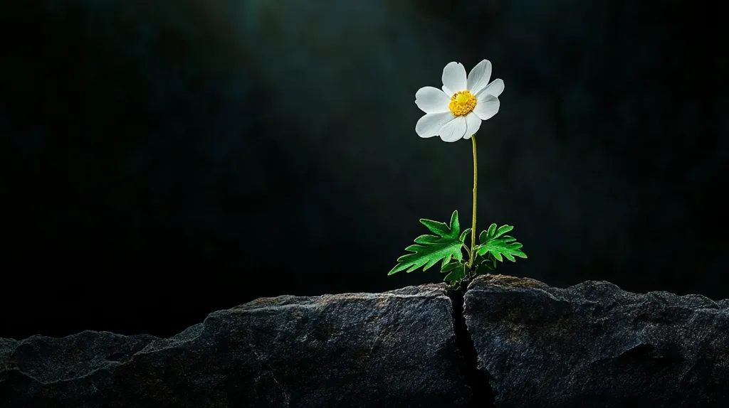 A single, delicate white flower with a yellow center blooms from a crack in a dark, rough rock.  The flower's stem and vibrant green leaves contrast sharply against the somber background.  The image evokes themes of resilience, strength, and life's ability to find a way, even in seemingly harsh environments.  The dark setting emphasizes the flower's purity and tenacity.