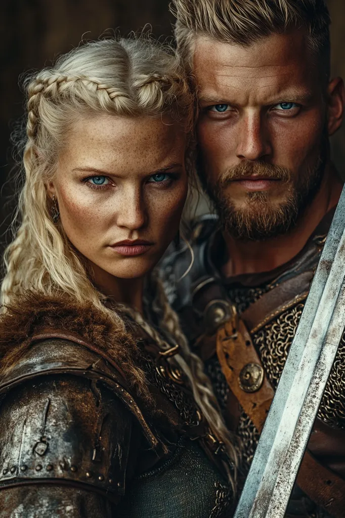 A close-up portrait of a Viking couple.  The woman, with blonde braids, fierce blue eyes, and freckles, wears weathered armor.  The man, with blond hair and a beard, also in armor, holds a large sword. Their intense gazes and attire suggest strength, determination, and a warrior culture.  The dark, moody background enhances the dramatic mood.