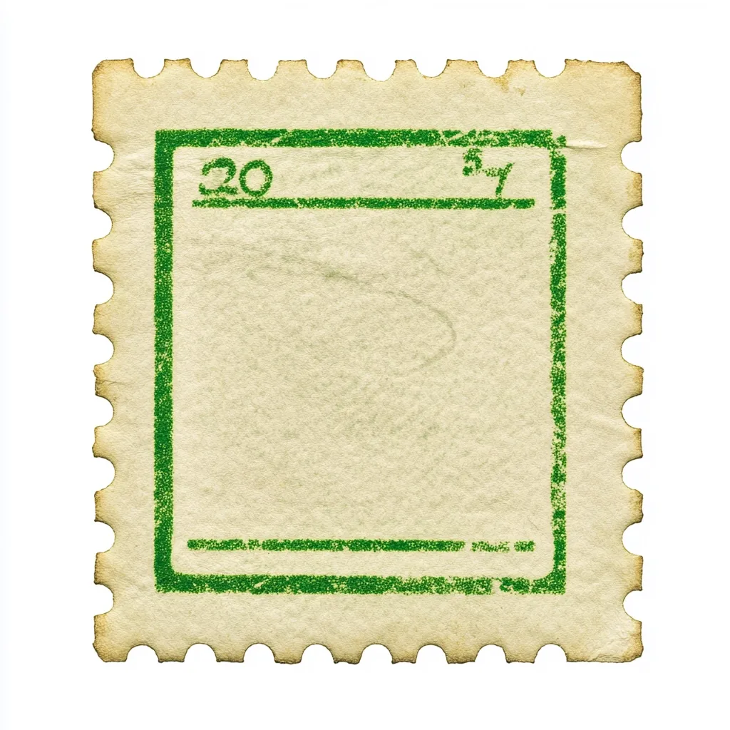 A vintage postage stamp, off-white with a green border, is shown.  The number "20" is visible in the upper left corner of the green frame. The stamp edges are uneven and show signs of age and wear, suggesting it's been used or stored for a significant time.  The central area within the green border is blank, ready for an image or text. The perforated edges are clearly visible.