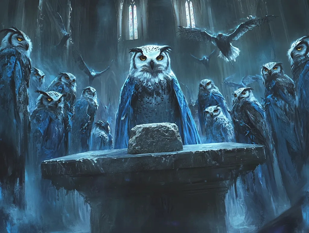 A majestic great horned owl, cloaked in icy blue, presides over a gathering of owls within a gothic stone hall.  The owls, imbued with a mystical frost, stand attentively around a stone altar.  A hawk circles overhead, adding to the dramatic, ethereal atmosphere of the scene.  The overall tone is one of ancient wisdom and powerful magic.