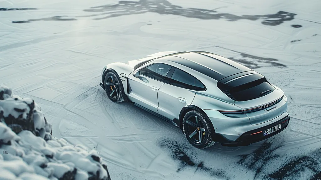 A silver Porsche Taycan Cross Turismo is parked on a snowy, icy surface.  The vehicle is viewed from a high angle, showcasing its sleek design and winter tires.  The background is a vast expanse of snow and ice, with a rocky outcrop partially visible in the bottom left corner. The scene conveys a sense of cold, wintery isolation and the car's suitability for challenging conditions.