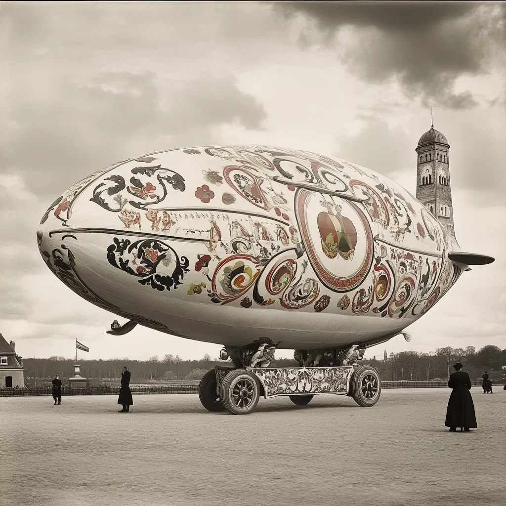 A large, ornately decorated airship, resting on a wheeled chassis, dominates the scene.  Its off-white surface is covered in intricate, colorful designs reminiscent of folk art. Several figures stand in the background, providing a sense of scale.  The airship is parked in a large open space, with a distant tower visible. The sepia-toned photograph suggests an historical context.