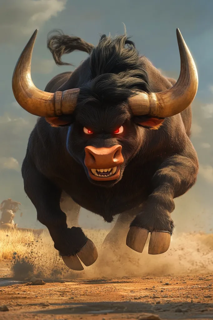 A powerful black bull with large horns charges forward, kicking up dust. Its eyes glow red, conveying aggression and intensity. The bull's muscular physique and determined expression suggest a fierce and unstoppable force. The background features a hazy landscape, drawing focus to the imposing animal in the foreground.  The overall image is dynamic and visually striking.