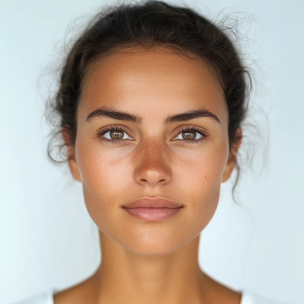 Close-up portrait of a young woman with tan skin and dark brown hair pulled back from her face.  She has expressive green eyes and a neutral expression. Her skin appears smooth and healthy, with a subtle sun-kissed glow.  The background is a soft, light gray.