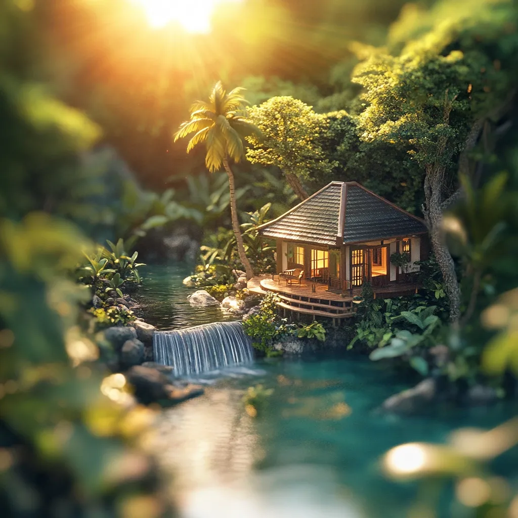 A tranquil scene depicts a charming bungalow nestled within a lush, tropical paradise.  Warm sunlight filters through the dense foliage, illuminating a small waterfall cascading into a serene stream that flows past the house's wooden deck.  The idyllic setting evokes feelings of peace and seclusion, a perfect escape in nature.
