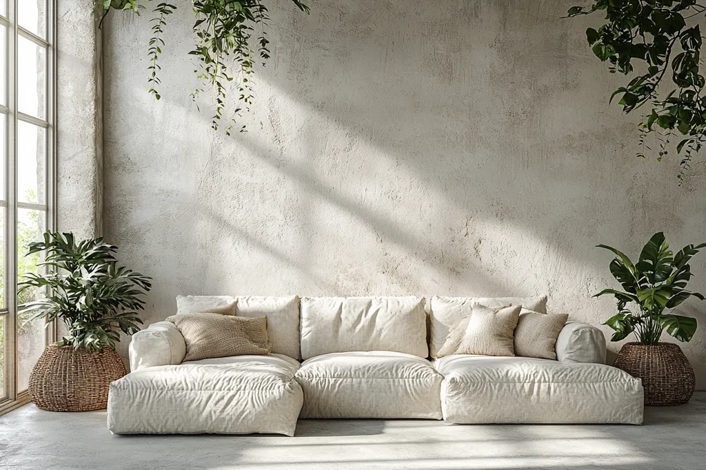 A sun-drenched living room features a large off-white modular sofa with neutral-toned cushions.  The room is accented with lush potted plants, including hanging greenery and larger plants in woven baskets, adding a touch of nature against the textured, light-beige wall.  Large windows offer ample natural light, creating a relaxed and calming atmosphere. The overall style is minimalist and bohemian.