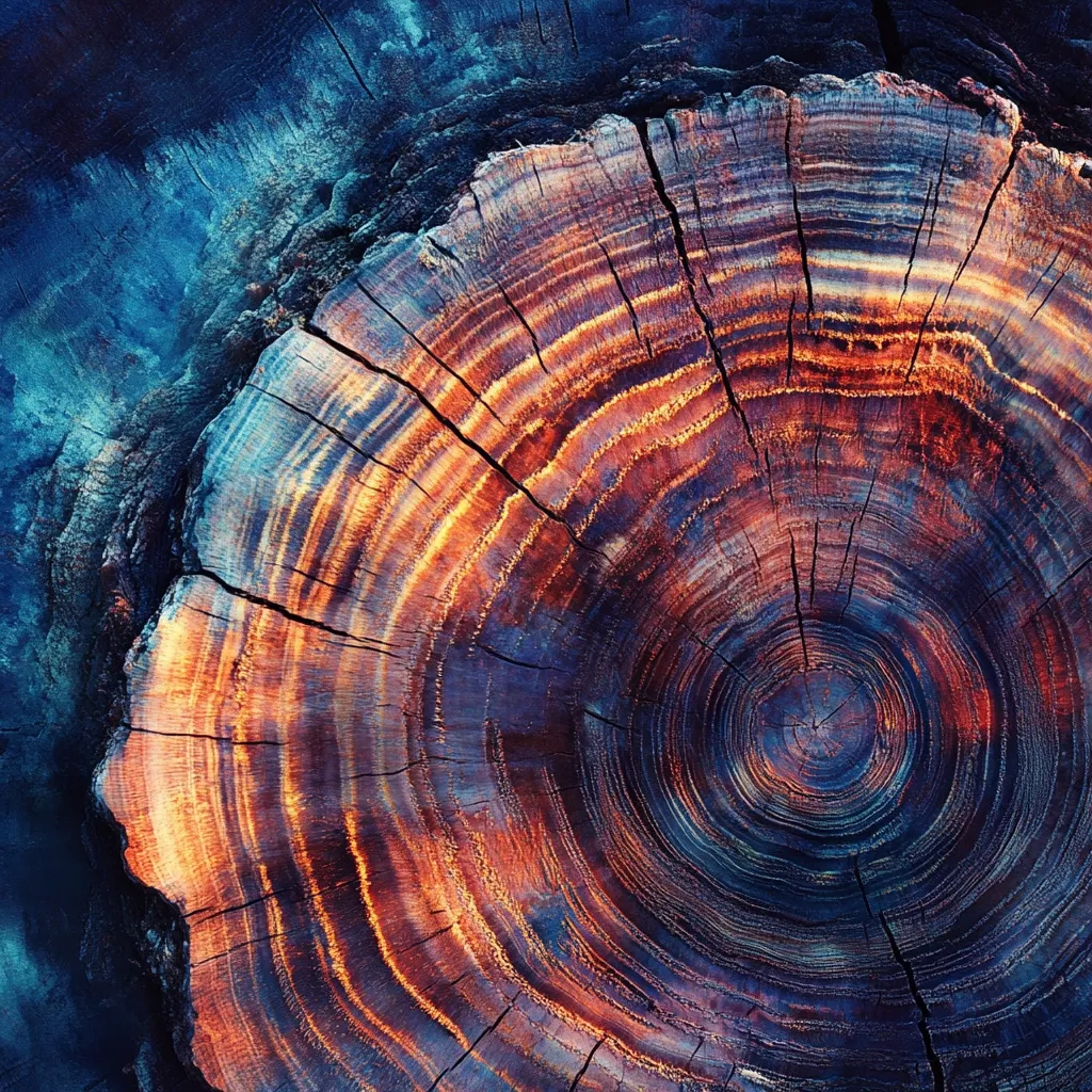 A close-up reveals the intricate rings of a tree stump, showcasing a mesmerizing pattern of deep blues, oranges, and browns.  The concentric circles, representing years of growth, are vividly highlighted, creating a striking visual texture.  The image evokes a sense of age and the passage of time, captured in the rich coloration and detailed grain of the wood.