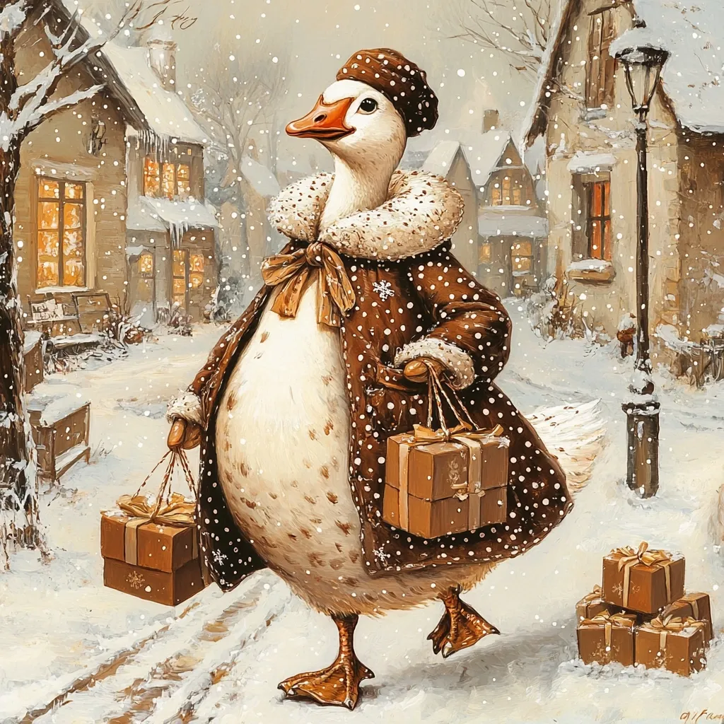 A goose, wearing a brown polka-dotted coat and a fur-trimmed hood, carries several wrapped gifts through a snow-covered village street.  Warm light emanates from the quaint houses.  Snow falls softly, creating a charming winter scene. The goose appears jovial and festive, evoking a whimsical holiday spirit.  A streetlamp stands nearby, adding to the picturesque setting.
