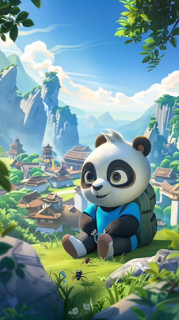 A cute panda cub, wearing a blue shirt and backpack, sits on a grassy hill overlooking a picturesque village nestled amongst mountains.  The vibrant scene features traditional Asian architecture and a clear blue sky.  Two small ants are visible near the panda's feet, adding a charming detail to the idyllic setting. The overall style is reminiscent of a children's cartoon or animation.