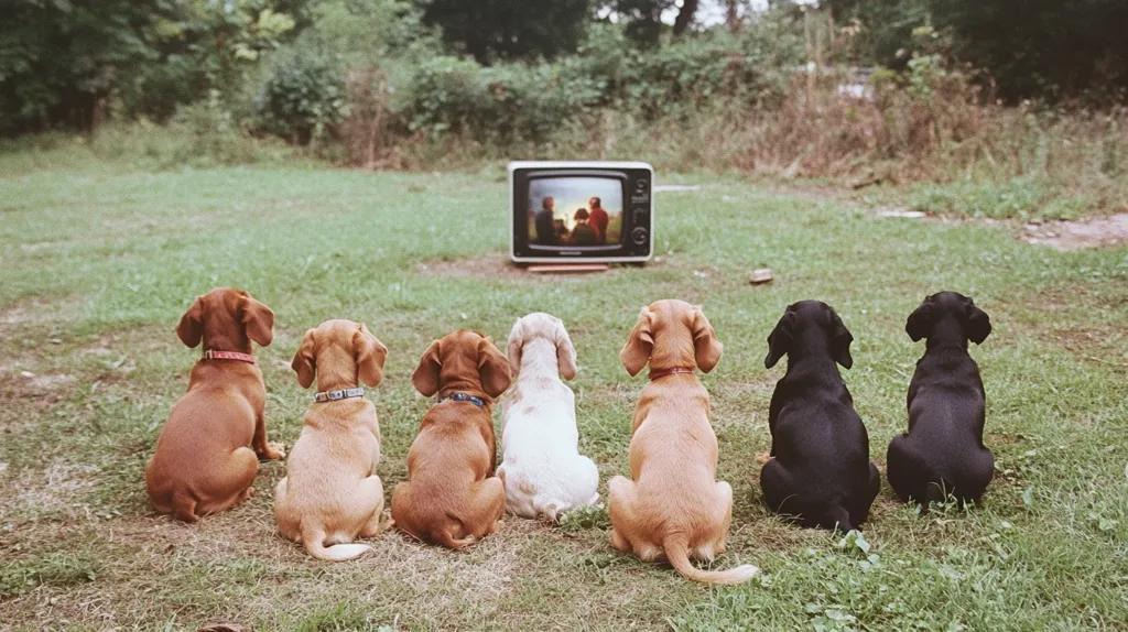Six dogs, a mix of brown and black, sit attentively in a row on a grassy lawn, their backs to the camera.  They are watching a vintage television set displaying a scene of people. The setting is outdoors, with a blurred background of green trees and shrubs. The dogs appear to be of similar breeds, possibly dachshunds or similar small hounds.  The overall scene is charming and nostalgic.