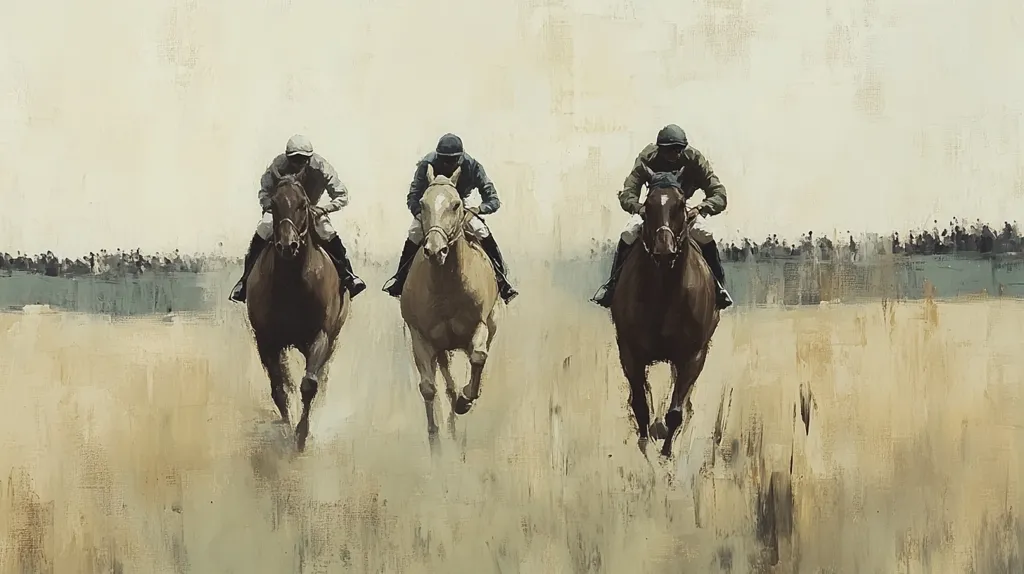 A painting depicts three jockeys on horseback in a close race.  The horses, brown, tan, and dark brown, are in full stride, their riders leaning forward.  A blurred background suggests a crowd watching from a distance, lending a sense of speed and competition to the scene. The muted color palette emphasizes the intensity of the moment.