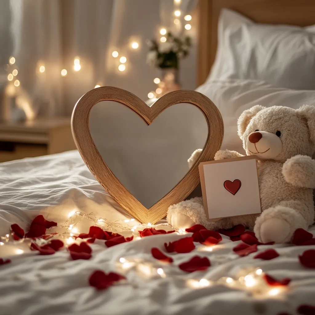 A romantic bedroom scene is set with a heart-shaped mirror, a teddy bear holding a Valentine's Day card, and scattered rose petals on a bed illuminated by fairy lights.  The warm lighting creates a cozy and intimate atmosphere, perfect for a special occasion. The overall feeling is one of love and affection.