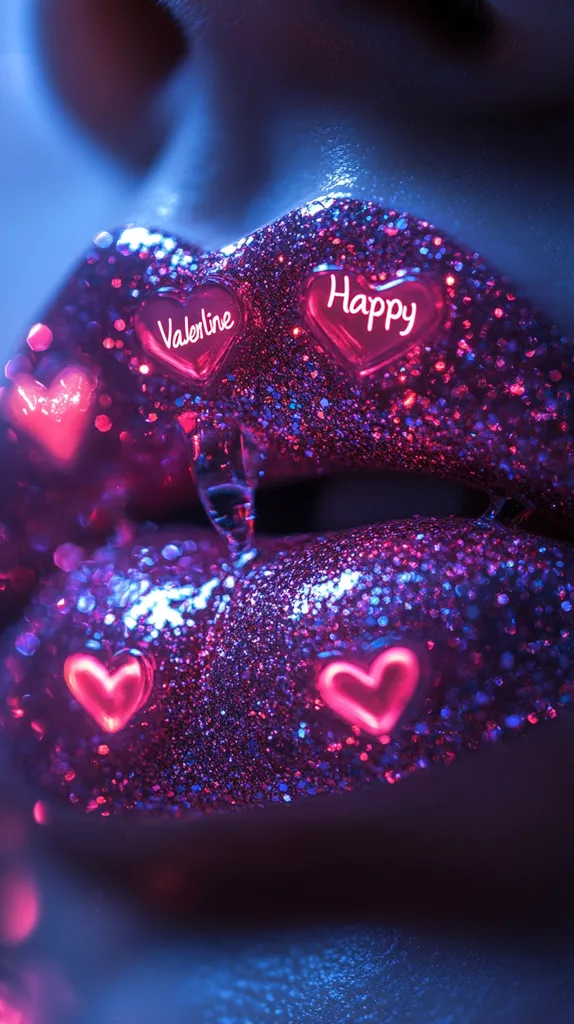 Close-up of glittering lips adorned with neon pink hearts.  Two larger hearts display "Happy" and "Valentine" in script. Smaller hearts surround them, creating a vibrant, romantic Valentine's Day image. The lips are heavily embellished with purple and pink glitter, glowing under a dramatic light. The overall effect is glamorous and festive.