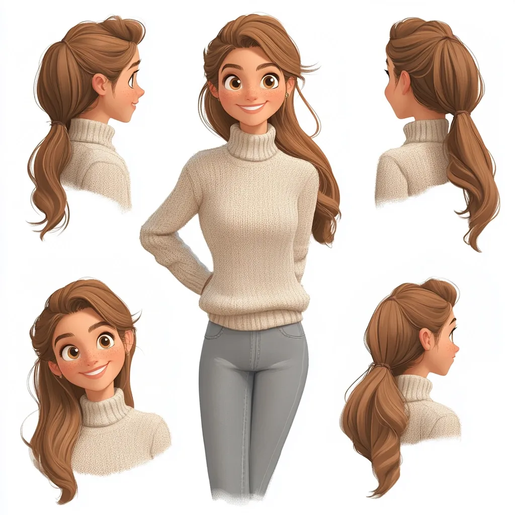 A charming cartoon girl with long brown hair styled in a ponytail is depicted from various angles.  She wears a cream-colored turtleneck sweater and grey pants.  The illustrations showcase her face, profile, and back, highlighting her expressive features and cheerful demeanor in a cute, stylized fashion.