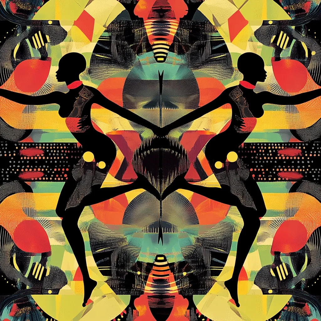 A vibrant abstract artwork features two mirrored silhouettes of women dancing.  Their dark forms contrast sharply against a background of swirling colors and geometric patterns in oranges, yellows, reds, and teal.  The style suggests a blend of African-inspired art and modern abstraction, creating a dynamic and energetic composition.  The artwork is rich in texture and detail, showcasing a kaleidoscopic effect.