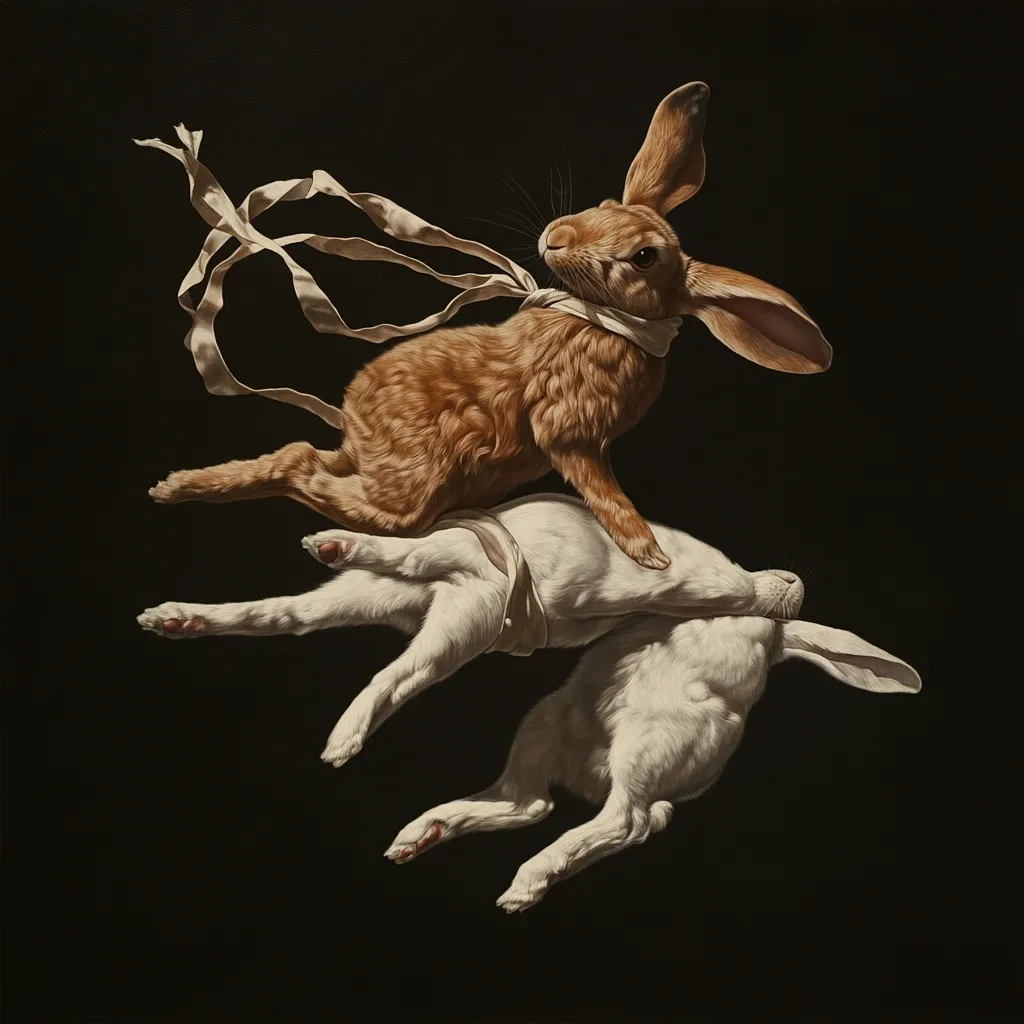 A hyperrealistic painting depicts two rabbits in mid-air against a dark background.  A brown rabbit, adorned with a pale ribbon around its neck, sits atop a white rabbit.  Both rabbits appear suspended, their limbs outstretched, suggesting a surreal, dreamlike quality. The ribbons subtly connect them, creating a visual link between the two creatures.  The detailed rendering emphasizes the texture of fur and the delicate nature of the ribbon.