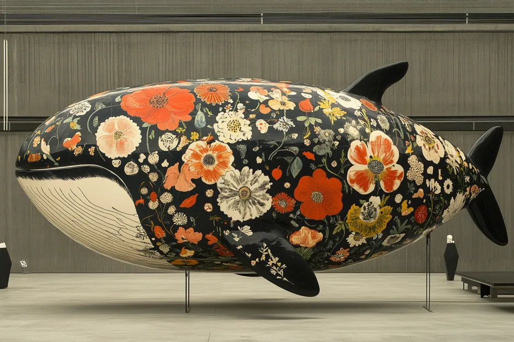 A large whale sculpture dominates the scene, its body covered in a vibrant floral print featuring red, orange, and white blossoms against a dark background. The whale's form is sleek and smooth, its tail and fins sharply defined.  It rests on clear supports in a spacious, modern gallery setting with a minimalist aesthetic. The overall effect is a striking juxtaposition of nature and art.