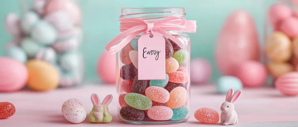 A glass jar filled with pastel-colored egg-shaped candies sits on a pink surface.  A pink ribbon and tag reading "Eassy" adorn the jar.  Blurred pastel Easter eggs and two small, ceramic bunnies surround the jar, creating a festive Easter scene.  The overall tone is sweet and delicate.