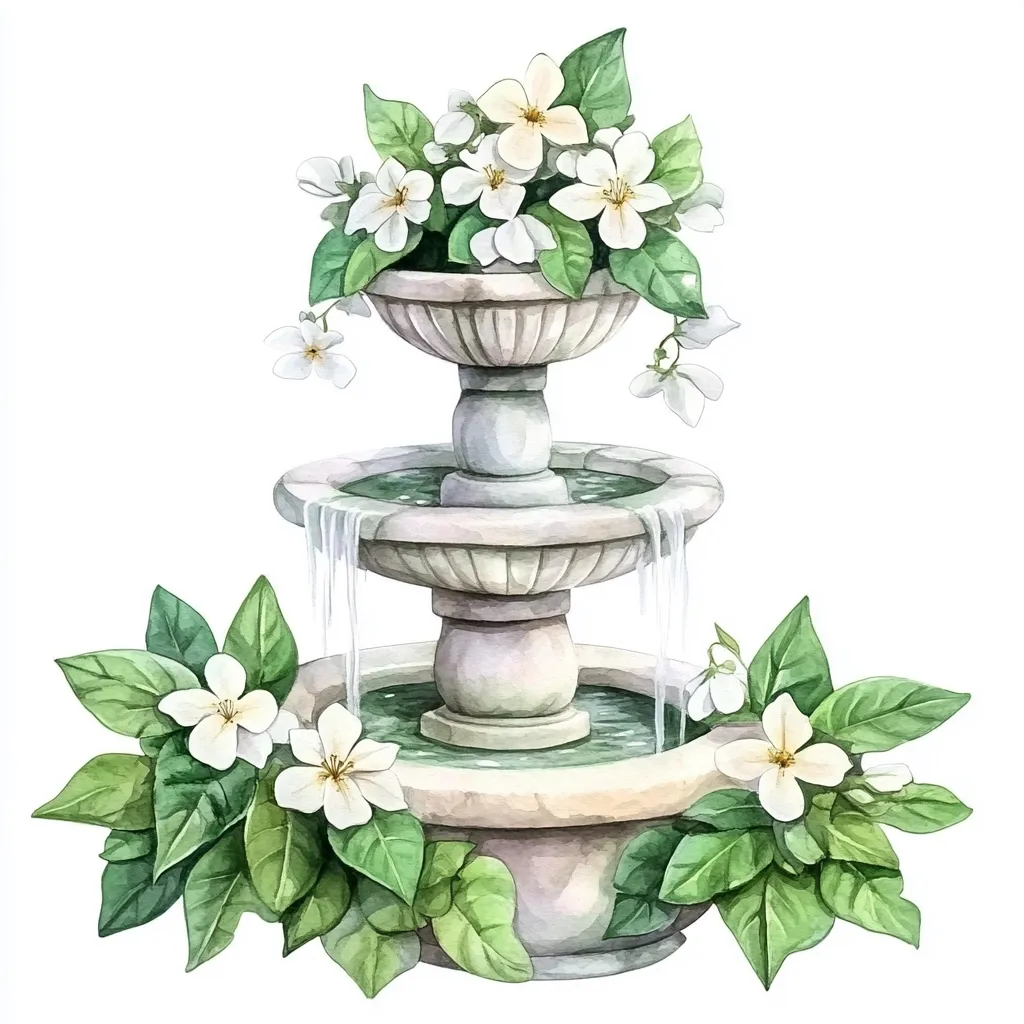 A watercolor illustration depicts a charming two-tiered stone fountain adorned with lush greenery and delicate white flowers. Water gently cascades down the tiers, creating a serene atmosphere.  The fountain's design is classical, with ornate detailing. The flowers, likely jasmine, frame the fountain, adding a touch of elegance and natural beauty to the scene. The overall style is romantic and peaceful.