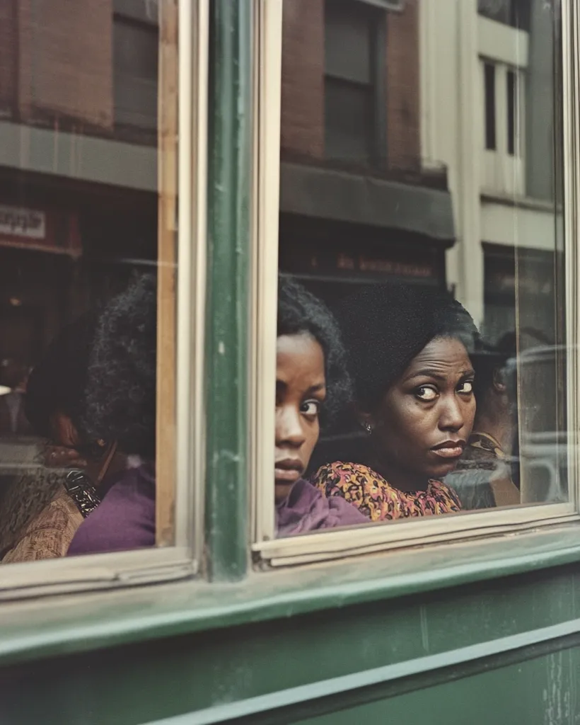 Two Black women peer from behind a dark green windowpane, their faces partially obscured.  The older woman, wearing a patterned top, gazes directly at the viewer with a serious expression.  The younger woman, in a purple garment, looks off to the side. The reflection of a city street is visible in the glass, creating a layered image.  The setting suggests an urban environment.