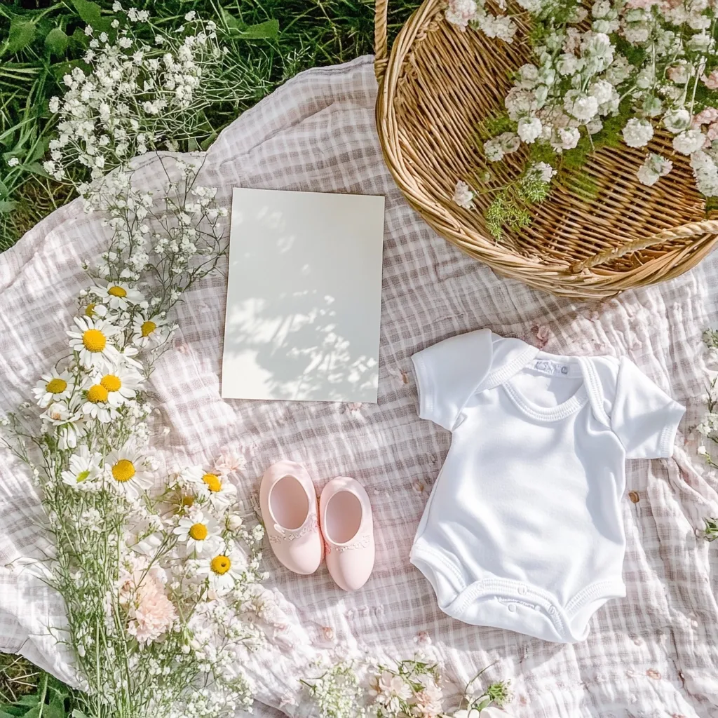 A pink gingham blanket outdoors displays a baby onesie, pink shoes, a blank card, and a wicker basket overflowing with wildflowers.  Daisies and baby's breath create a soft, feminine scene.  The overall aesthetic is delicate and suggests a baby shower or birth announcement.  Sunlight casts shadows on the card and blanket.