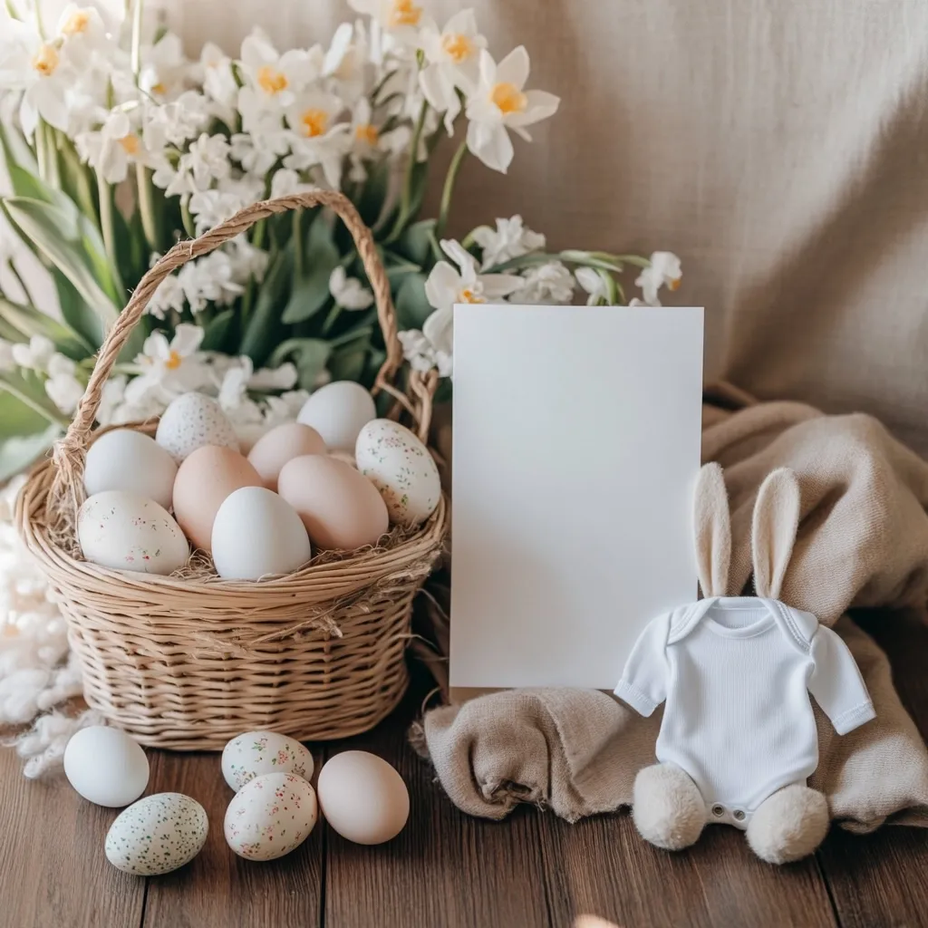 A rustic Easter scene featuring a wicker basket overflowing with delicately decorated eggs, nestled amongst a vibrant bouquet of white daffodils.  A blank white card stands prominently, providing space for a message. A charming bunny onesie adds a touch of whimsy to the composition, all set against a warm, wooden backdrop. The overall aesthetic is soft, natural, and inviting.