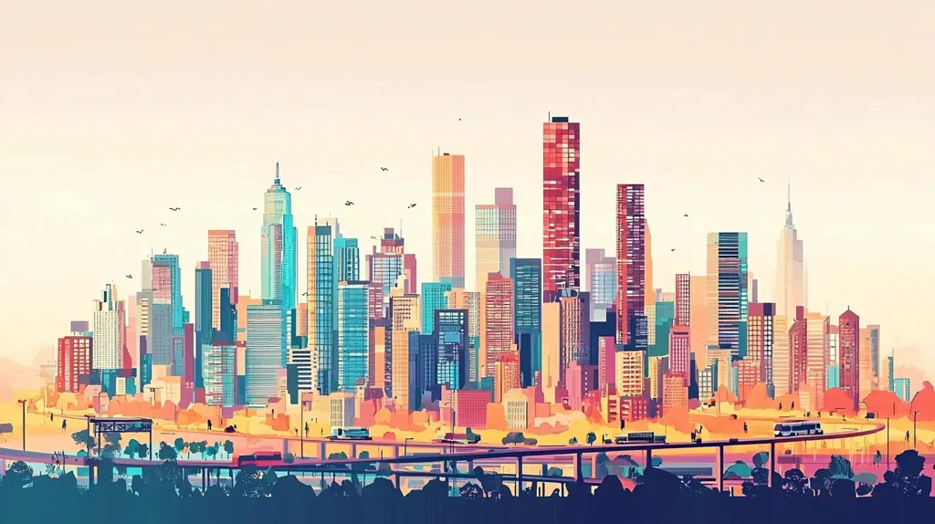 A stylized cityscape is depicted, showcasing a dense collection of colorful skyscrapers under a pale sky.  The buildings vary in height and hue, creating a vibrant urban panorama.  A highway curves through the foreground, carrying buses and cars, with trees and parkland visible along its route. The overall style is artistic and slightly whimsical, emphasizing the city's energy and diversity.