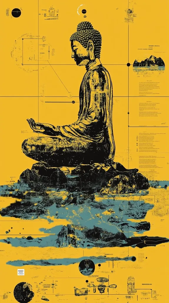 A stylized image of a Buddha statue in a seated meditative pose dominates a mustard-yellow background overlaid with a grid and technical drawings.  The statue is rendered in dark tones, contrasting sharply with the bright background.  The lower portion suggests a watery landscape, while schematic diagrams and celestial elements surround the central figure, creating a complex and visually striking composition. The overall aesthetic blends Eastern spirituality with technical design elements.
