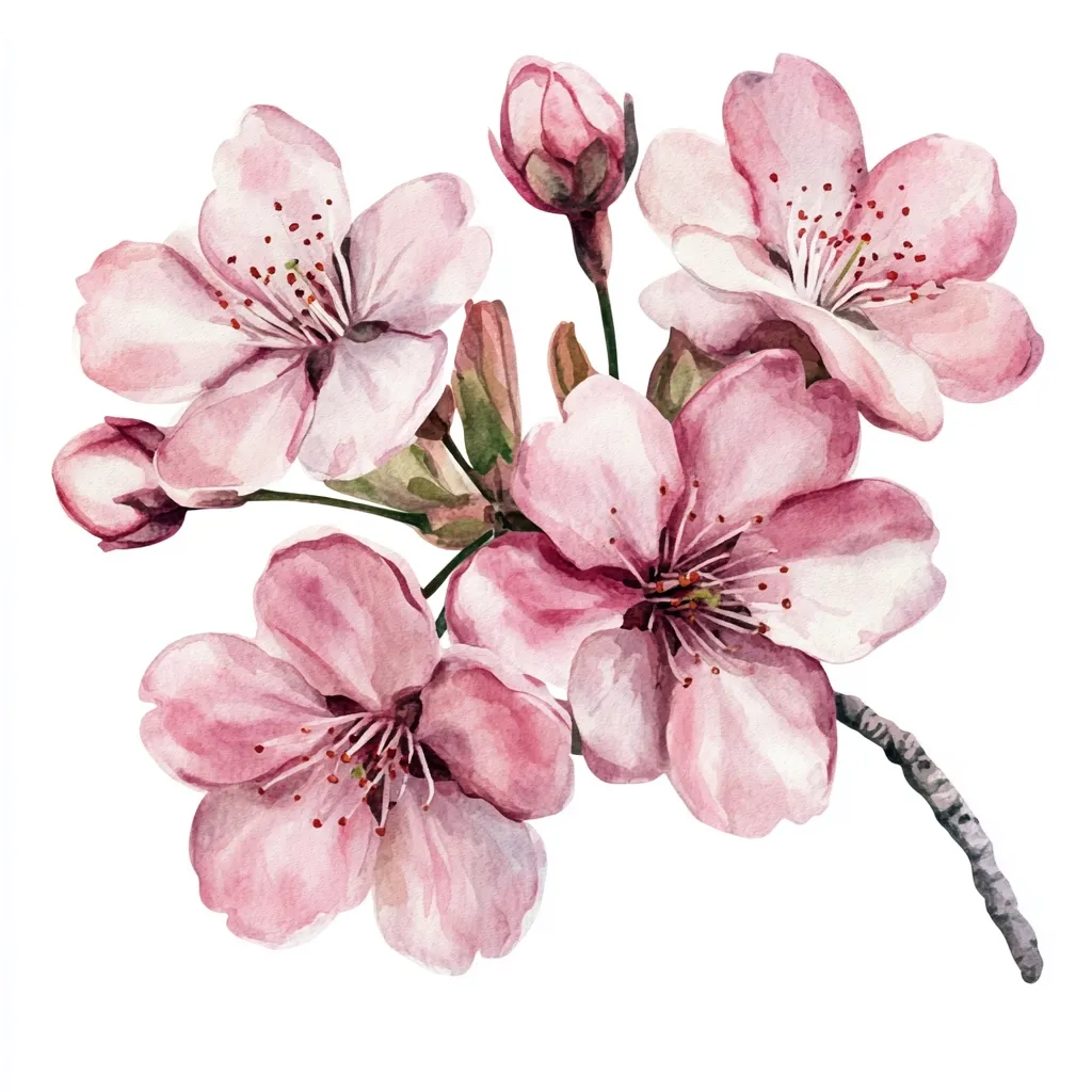 A watercolor painting showcases a delicate branch of cherry blossoms.  Soft pink petals unfurl gracefully, revealing intricate details in their centers.  Several blossoms are in full bloom, while others remain as buds, suggesting the beauty of spring's arrival.  The branch, rendered with subtle shading, adds depth and realism to the artwork.  The overall effect is one of gentle beauty and natural elegance.
