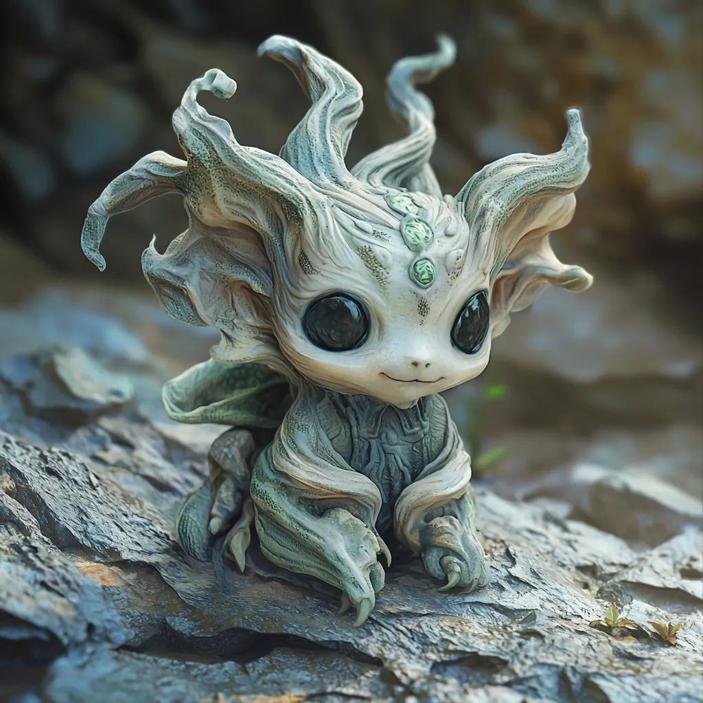 A charming, intricately sculpted creature, seemingly made of stone and wood, sits on a rocky surface.  Its large, expressive eyes and gentle smile contrast with its gnarled, plant-like features.  Three small, gemstone-like accents adorn its forehead.  The creature's design suggests a fantastical being from a mythical world, blending organic and inorganic elements.  The lighting and texture create a realistic and captivating image.