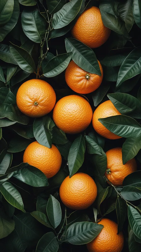 A vibrant close-up showcases numerous ripe oranges nestled amongst lush, dark green leaves.  The oranges, varying slightly in size and shade, display a rich, orange hue. The deep green foliage provides a striking contrast to the bright citrus fruit, creating a visually appealing and natural composition. The overall image suggests a bountiful harvest or a thriving orange grove.