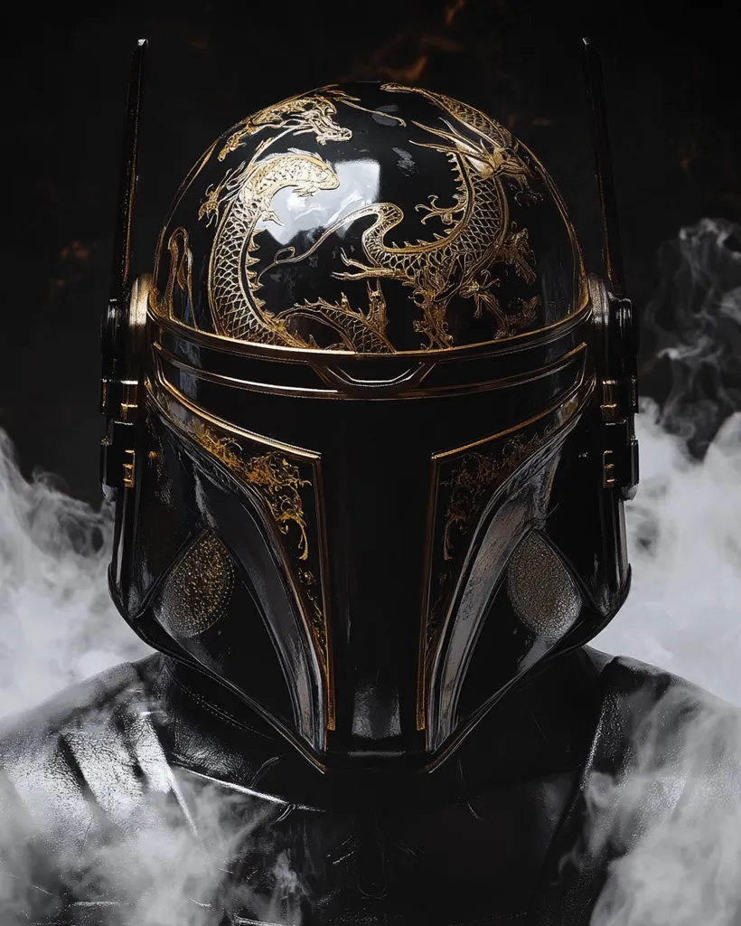 A close-up shot reveals a meticulously crafted Mandalorian helmet, predominantly black with ornate gold detailing.  Intricate golden dragons adorn the helmet's dome.  The helmet is partially obscured by swirling smoke, adding to its dramatic and mysterious ambiance.  The image evokes a sense of power and ancient artistry.