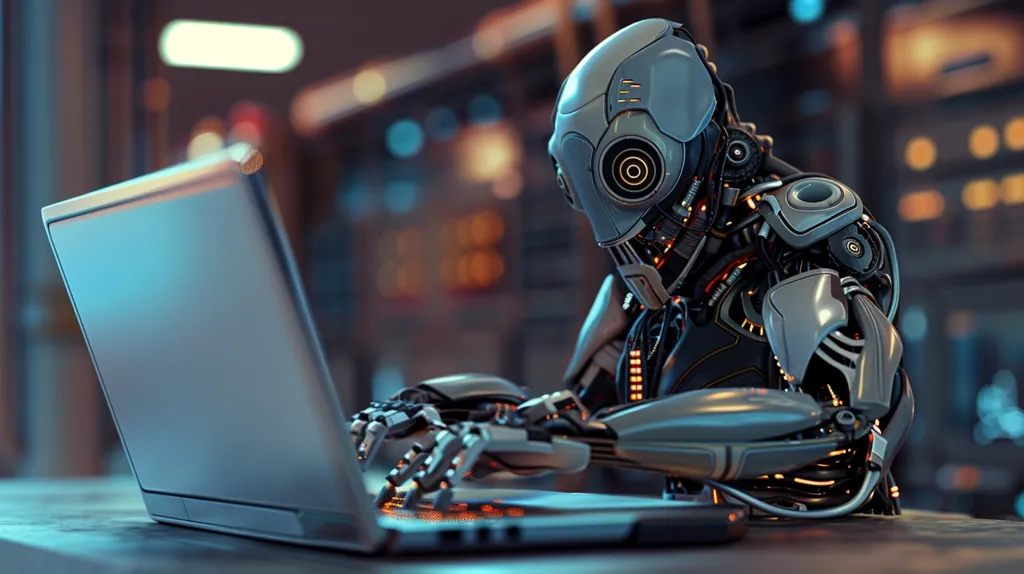 A sophisticated, humanoid robot with intricate metallic joints and glowing orange accents sits at a sleek silver laptop.  Its head is a smooth, light grey dome with circular sensors. The robot's mechanical hands are positioned on the keyboard, seemingly engaged in a task. The background suggests a futuristic, industrial setting. The overall image evokes a sense of advanced technology and artificial intelligence.