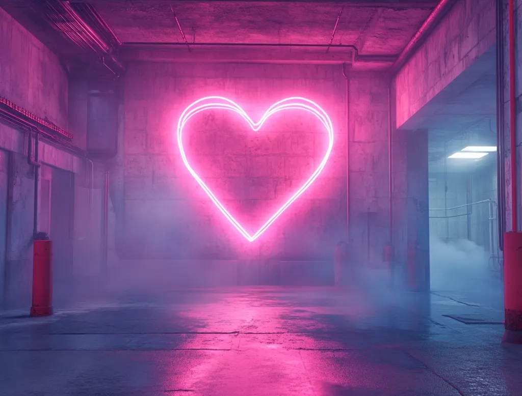 A large, pink neon heart illuminates a dimly lit, industrial space.  The concrete walls and floor are damp, with a hazy atmosphere adding to the surreal, romantic ambiance.  The scene suggests a hidden, urban setting, with the glowing heart as a striking focal point.  The overall mood is both evocative and mysterious.