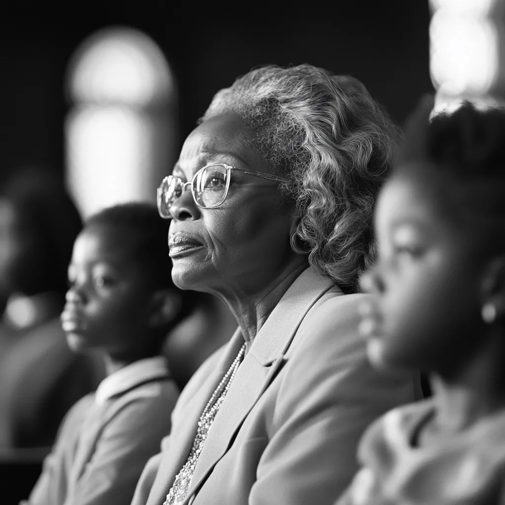 A black and white close-up shot focuses on an elderly Black woman with glasses, her gaze directed to the side.  She's seated among other individuals, including a younger Black child whose face is partially visible to the right. The overall impression is one of quiet attentiveness within a formal setting, possibly a church or courtroom. The lighting is dramatic, highlighting the woman's face and creating a sense of depth.
