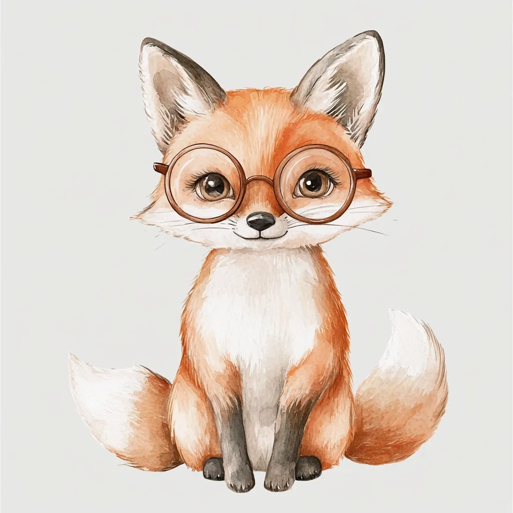 An adorable watercolor illustration of a fox wearing round spectacles. The fox is depicted sitting, with a fluffy tail and expressive eyes.  Its orange fur is softly shaded, giving it a cuddly appearance. The glasses add a touch of intellectual charm to this charming woodland creature. The overall style is sweet and whimsical, perfect for children's books or home décor.