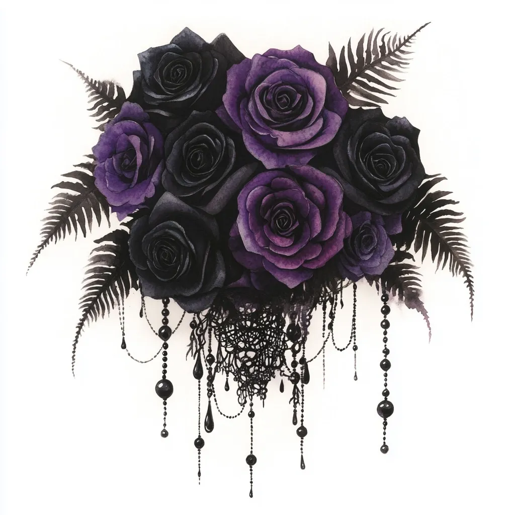 A watercolor painting depicts a bouquet of dark purple and black roses, accented by black fern fronds.  The roses are richly colored, with varying shades of deep purple and black.  Beneath the roses hangs an ornate piece of black lace, embellished with dangling black beads and chains, creating a gothic, elegant aesthetic.  The overall composition is dramatic and evocative.