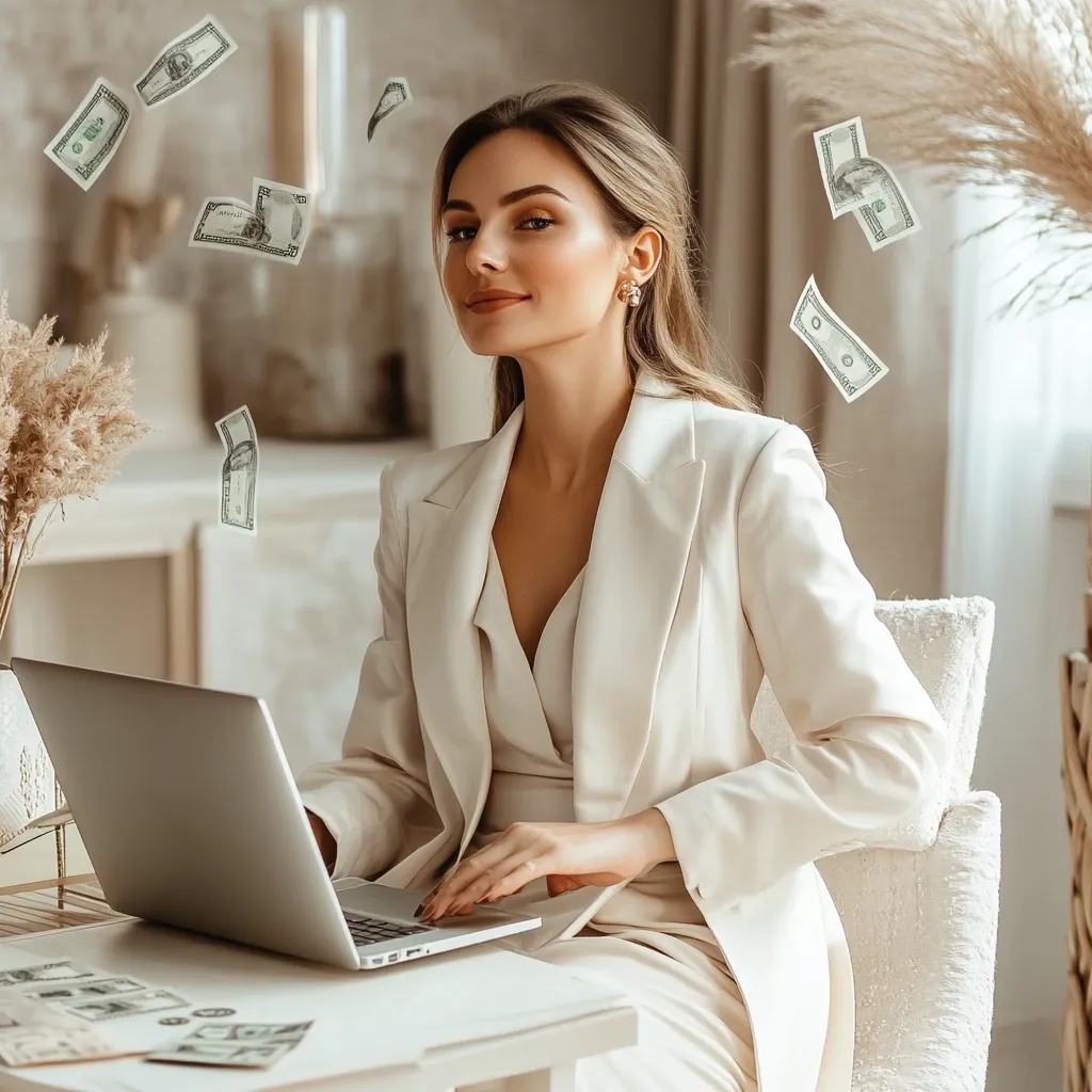A stylish woman in a cream-colored blazer sits at a desk, working on a laptop.  She looks confidently at the camera as dollar bills float around her, suggesting financial success or online business prosperity. The setting is elegant and minimalist, emphasizing a professional and affluent aesthetic.