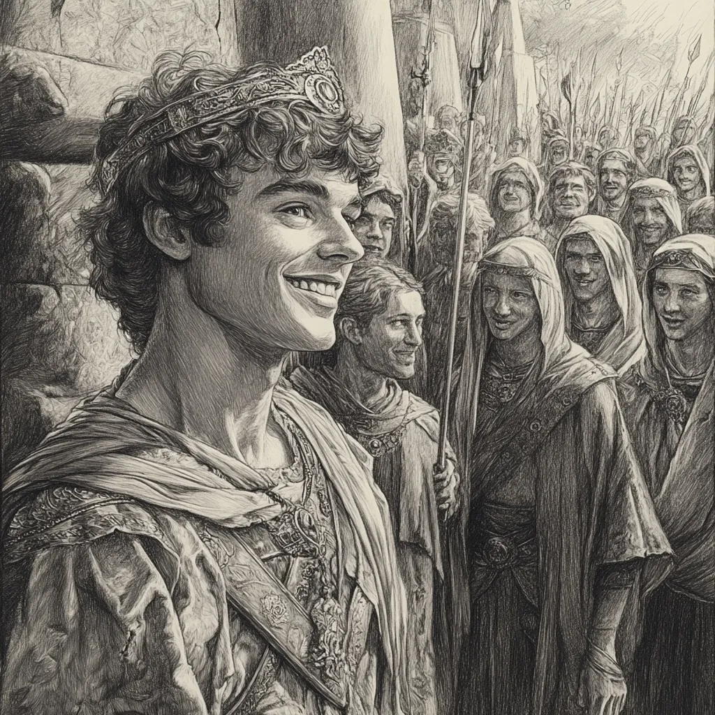 A pen-and-ink drawing depicts a young, smiling king, crowned and robed, standing at the forefront of his army.  He radiates joy and confidence. The soldiers behind him, clad in hooded cloaks and carrying spears, stand in disciplined ranks, their faces a mixture of anticipation and devotion. The scene suggests a moment of triumph or a triumphant march, emphasizing the king's youthful reign and the loyalty of his troops. The detailed hatching creates a sense of depth and texture.