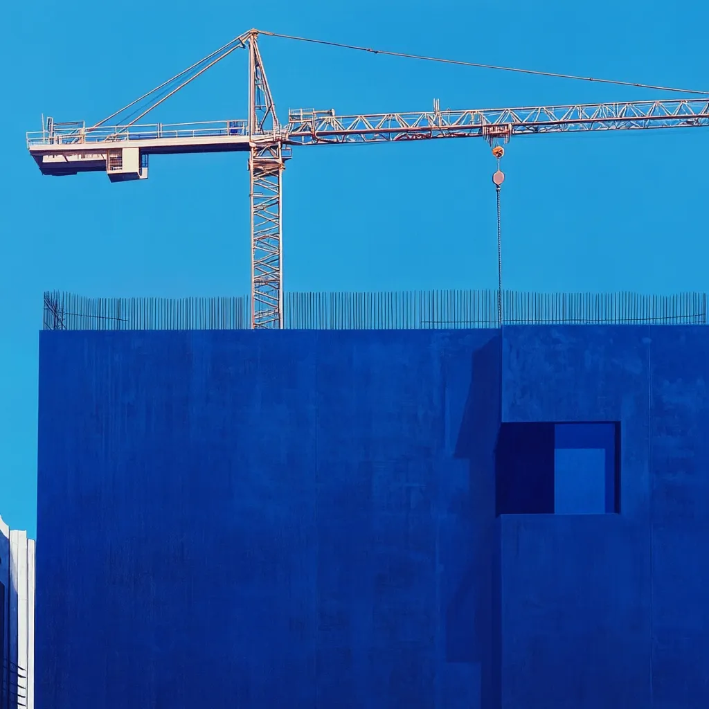 A tall construction crane stands against a vibrant blue sky, overlooking a large, deep blue building under construction.  The building's exterior is a solid, unblemished blue, punctuated by a single, recessed square window.  A metal railing tops the unfinished structure. The image is stark and minimalist, focusing on the contrast between the deep blue and the clear sky.