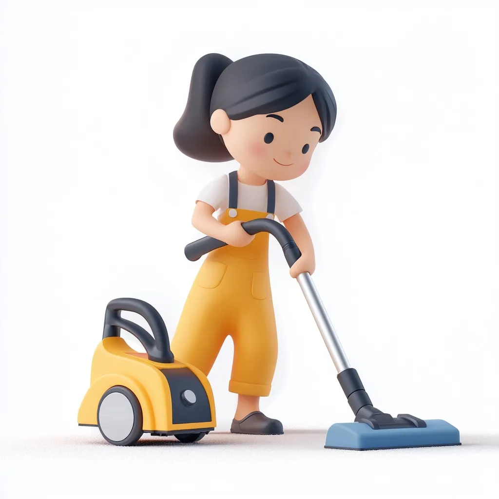 A cute, cartoon-style girl with black hair in a ponytail is vacuuming.  She's wearing yellow overalls and a white shirt. The yellow vacuum cleaner is small and compact. The scene is set against a bright white background, emphasizing the 3D rendered characters and objects.  The overall style is playful and cheerful.