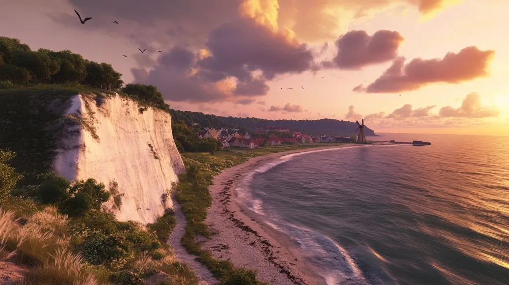 A picturesque coastal village nestled at the base of dramatic white cliffs is bathed in the warm glow of a sunset.  Birds fly overhead against a vibrant sky. A windmill stands sentinel near the shore, adding to the idyllic charm.  The sandy beach curves gently into a calm sea, creating a tranquil and breathtaking scene.