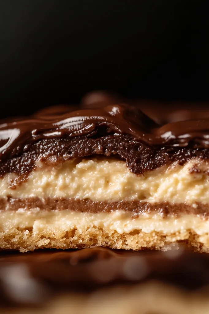 A close-up shot reveals a delectable dessert: a layered cake generously coated in rich, dark chocolate ganache.  The interior showcases creamy, light-colored filling sandwiched between layers of a darker, possibly chocolate, sponge.  The texture appears smooth and decadent, hinting at a delightful taste. The dark background accentuates the dessert's rich colors and glossy finish.