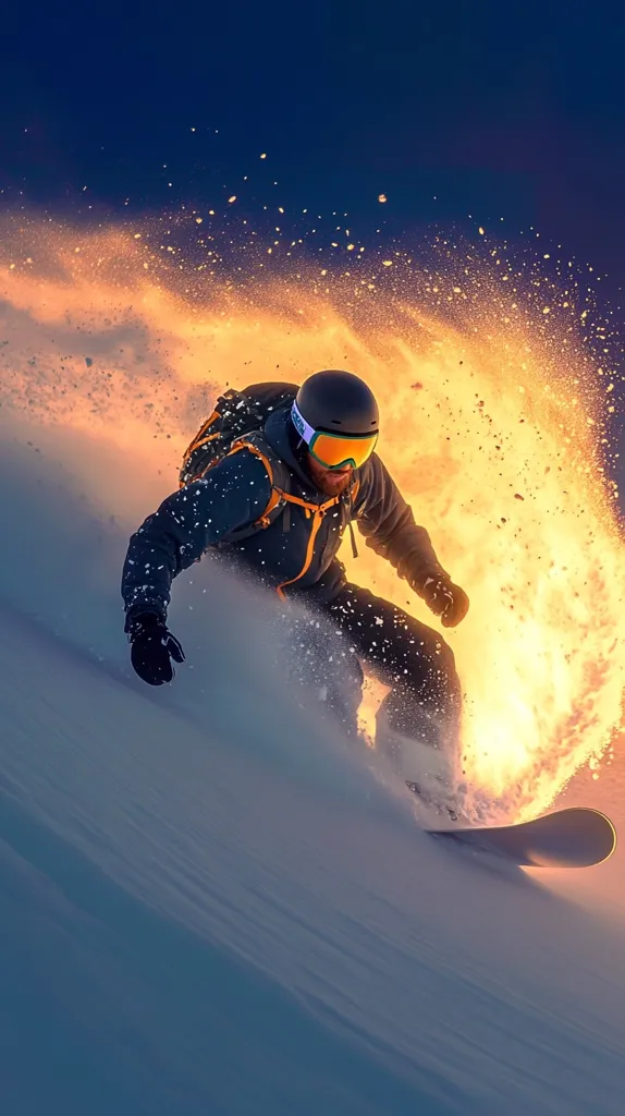 A snowboarder carves through a snowy mountain slope, creating a vibrant trail of golden snow spray.  The rider is fully equipped in protective gear, including a helmet and goggles. The dramatic lighting and dynamic movement capture the thrill and beauty of extreme winter sports. The image evokes a sense of speed, power, and freedom.