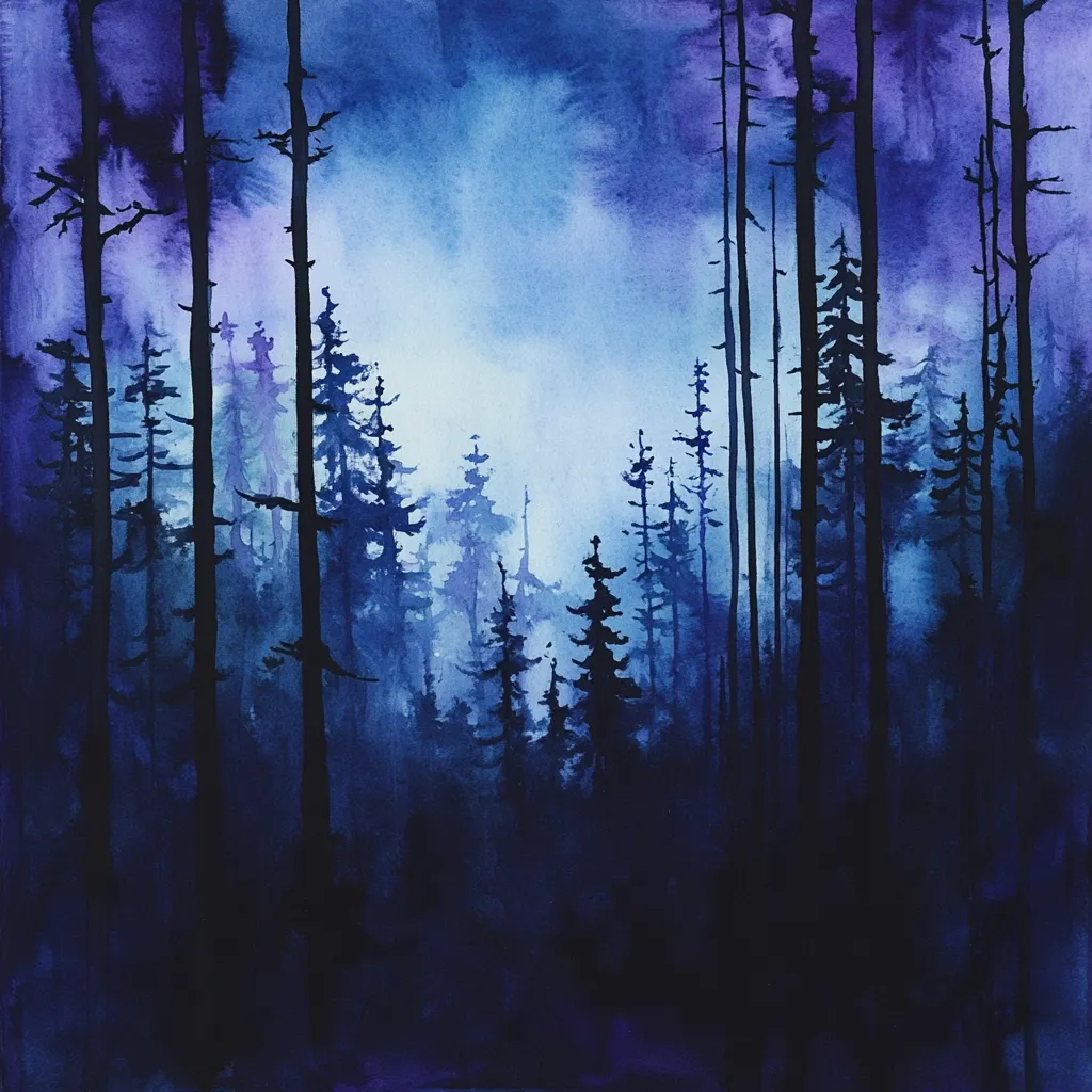 A watercolor painting depicts a dense forest at twilight.  Tall, dark silhouettes of evergreen trees dominate the scene, their forms softened by a hazy, blue-purple atmosphere.  The sky is a blend of deep blues and purples, suggesting a mystical, almost ethereal quality. The overall effect is one of serene mystery and depth.