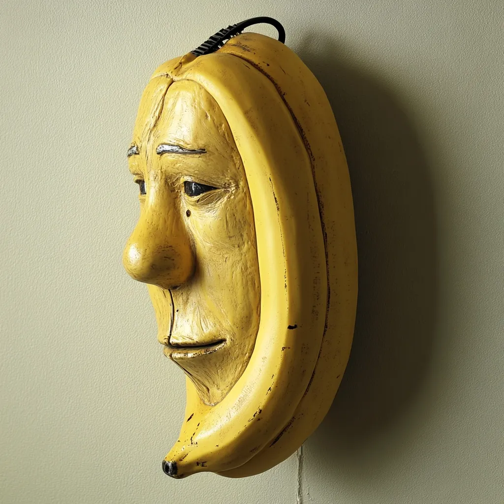 A whimsical wall-mounted sculpture is shaped like a banana, yet its peel forms a realistic, melancholic human face. The face is detailed with wrinkles and subtle expressions, creating a striking contrast with the bright yellow banana form.  A small black cord is visible at the top, suggesting it might be a light fixture or another type of hanging art.  The overall effect is quirky and artistic.