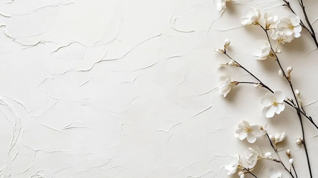 A textured off-white background is adorned with delicate white blossoms arranged along the right side.  The branches bearing the flowers create a natural, elegant border against the subtly uneven surface. The overall aesthetic is minimalist and serene, offering a clean and calming visual.