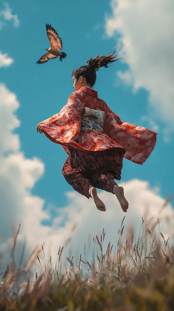 A woman in a flowing orange kimono leaps through the air against a vibrant blue sky dotted with fluffy white clouds.  Her dark hair streams behind her as she soars, seemingly weightless. A bird flies in the upper left corner, adding to the ethereal and dreamlike quality of the scene. The woman's bare feet are visible as she gracefully floats over a field of tall grass.