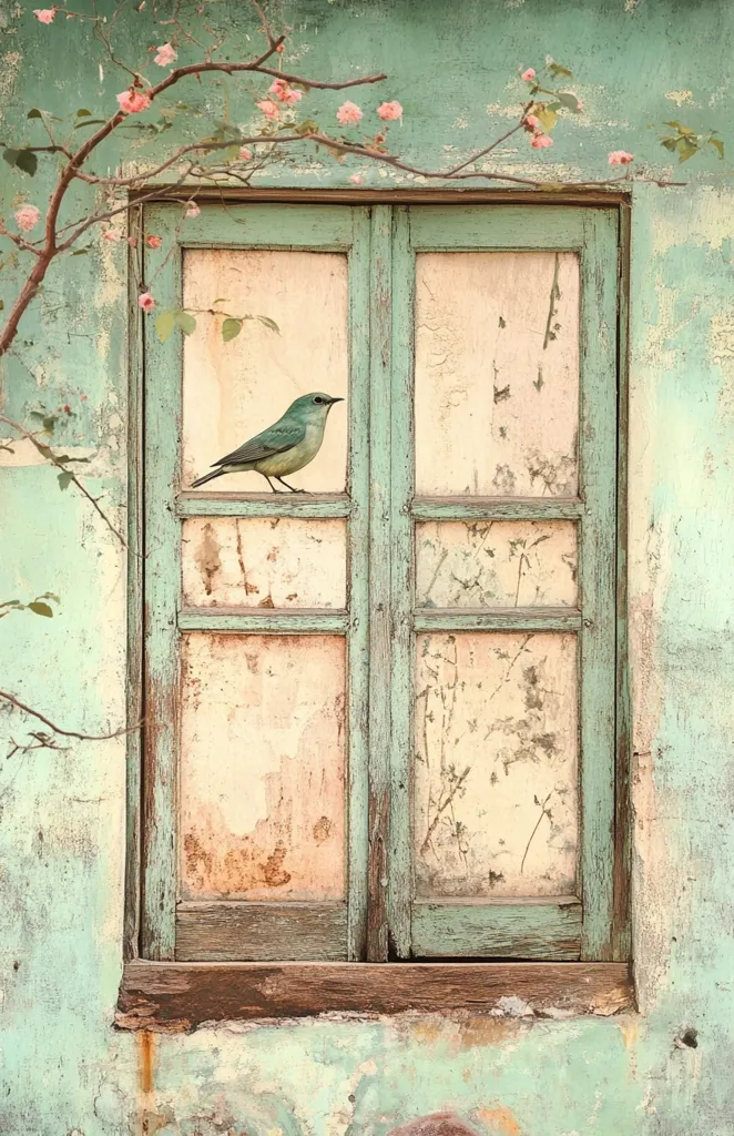 A small blue bird perches on a weathered, teal window frame.  The window panes are aged and faded, revealing a delicate, pastel background.  A flowering branch with pink blossoms frames the scene against a crumbling, sea-foam green wall.  The overall aesthetic is serene and slightly rustic, evoking a sense of quiet contemplation.
